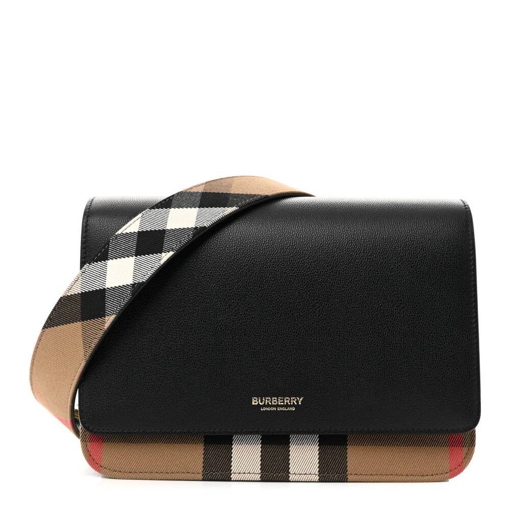 NEW BURBERRY women's mackford leather check flap crossbody bag in black - Picture 1 of 3